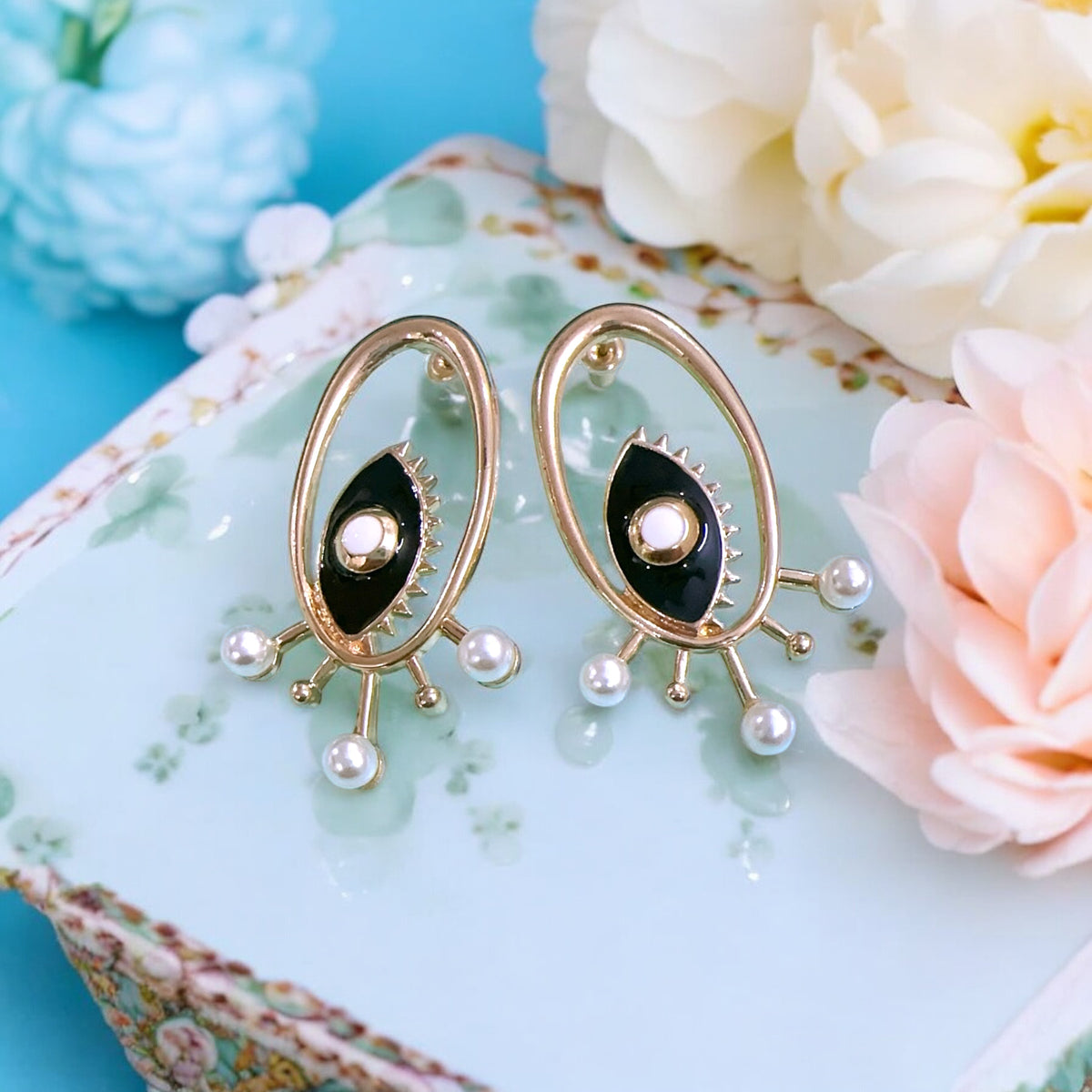 Evil eye golden earrings 🌸with cute small pearl 🌸✨🌸