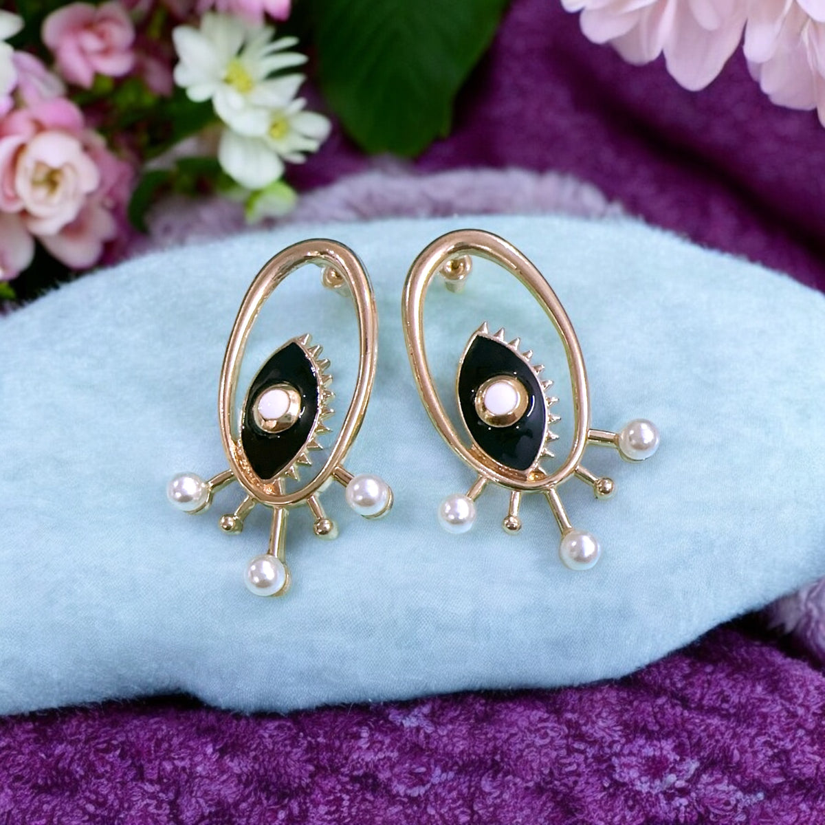 Evil eye golden earrings 🌸with cute small pearl 🌸✨🌸