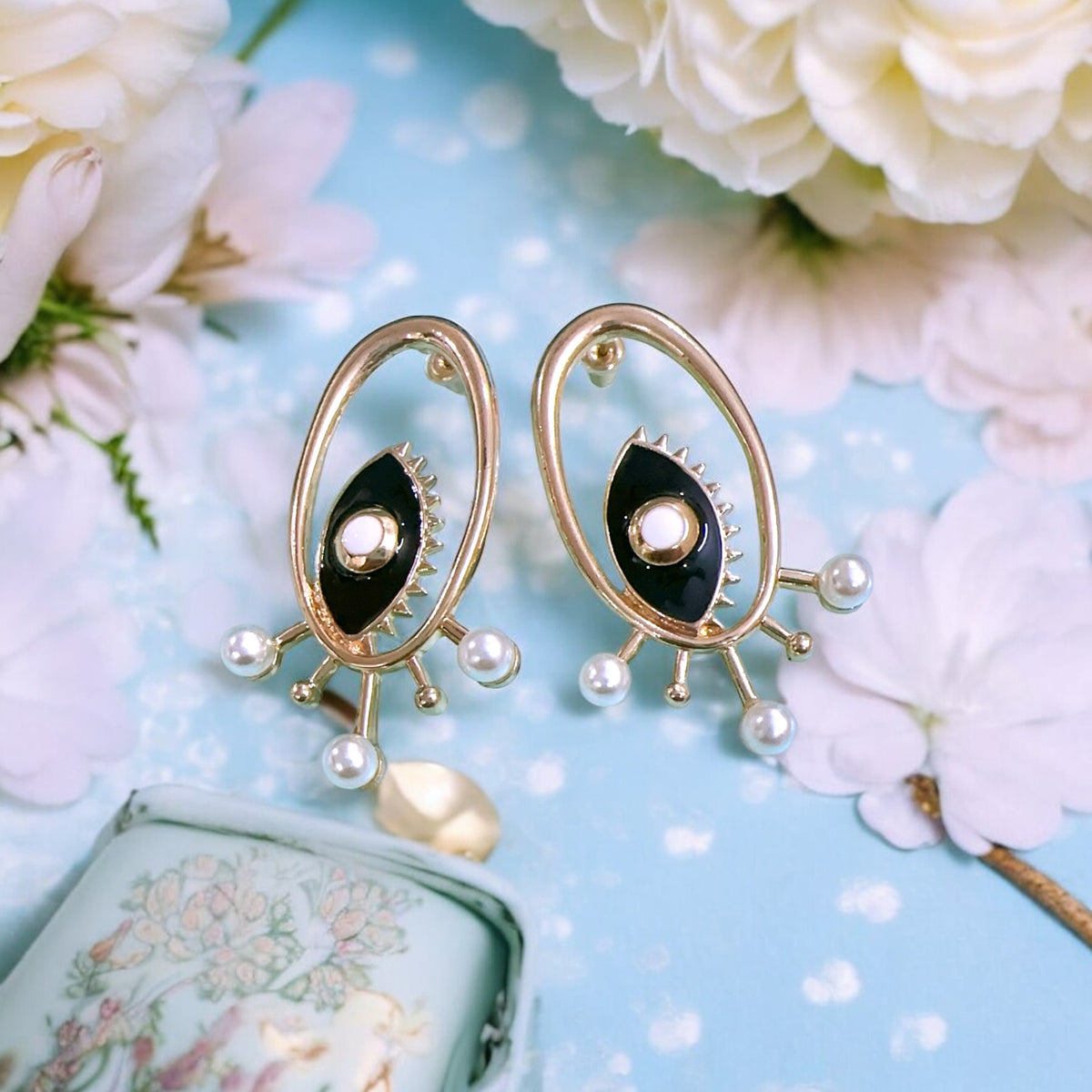 Evil eye golden earrings 🌸with cute small pearl 🌸✨🌸